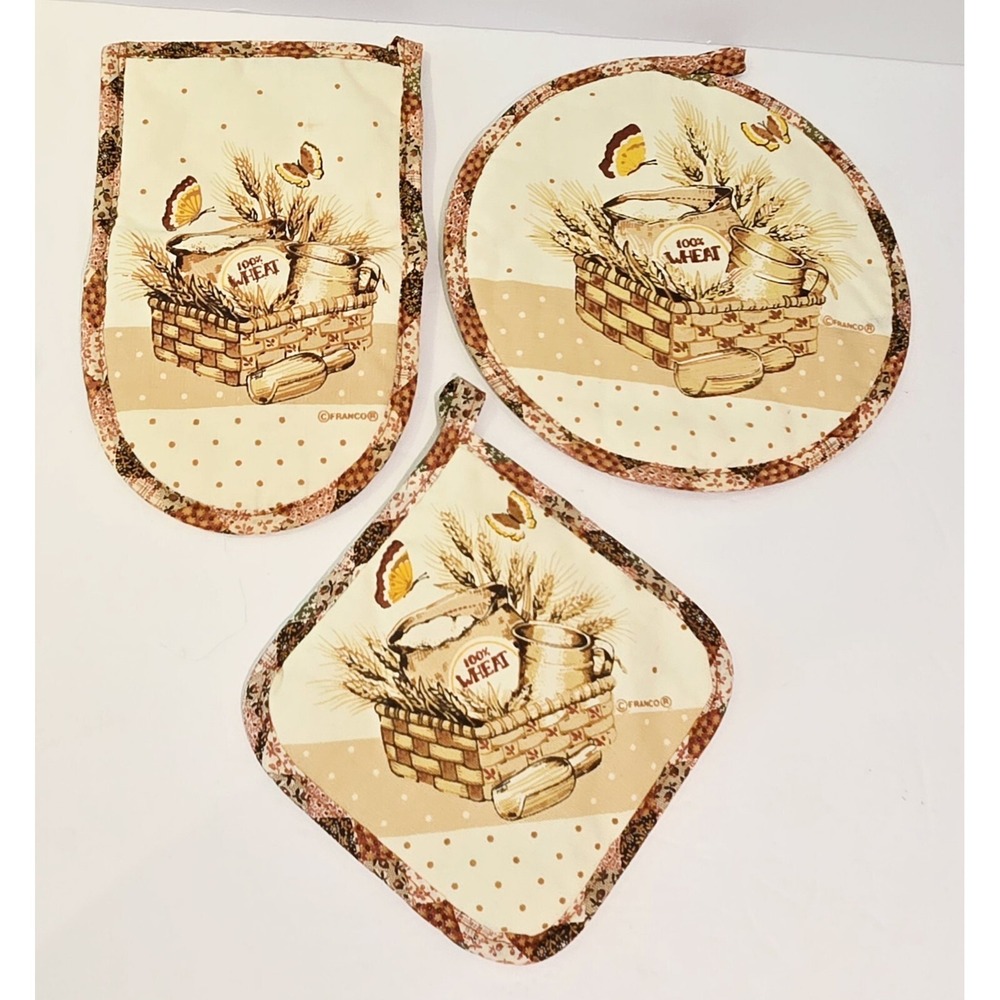 3 Wheat Butterflies Double Pot Holders & Oven Mitt Hanger Franco Vintage 70s